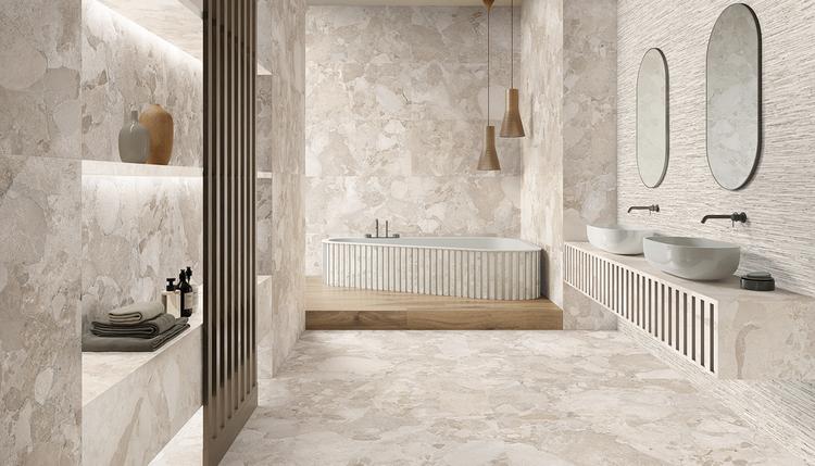 Matera Stone | Emilceramica Porcelain Stoneware Ergon Matera Stone Wood,stone Bathroom Rovere Imbrunito ,greige Sassi,white Sassi,greige Ritmo Gallery Image | Emilceramica