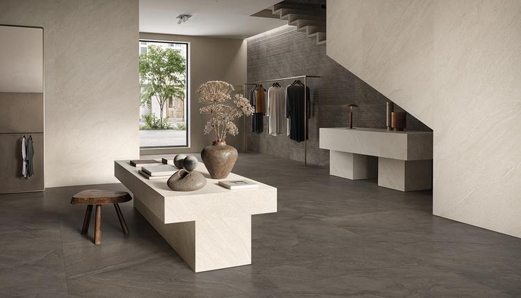 Pietra di Orosei | Emilceramica Porcelain Stoneware Provenza Pietra Di Orosei Stone Shop Grigio Bruciato Fondo,perla Rilievi Gallery Image | Emilceramica