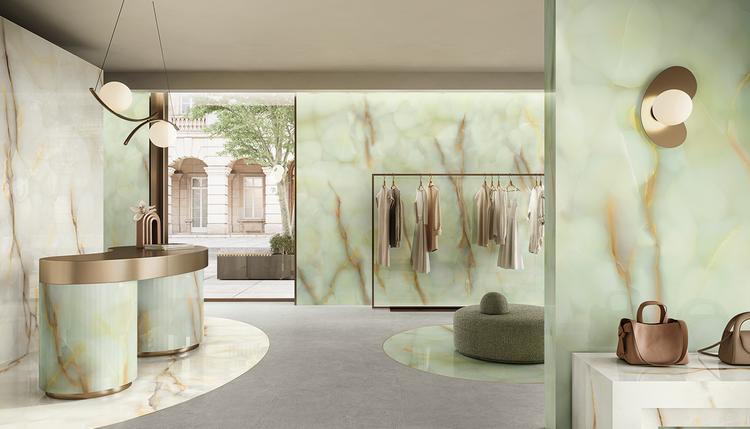 Tele di Marmo Pure Onyx | Emilceramica Porcelain Stoneware Emil Tele Di Marmo Pure Onyx Brick,marble Shop Cenere Fondo,onyx Perla ,onyx Giada Gallery Image | Emilceramica