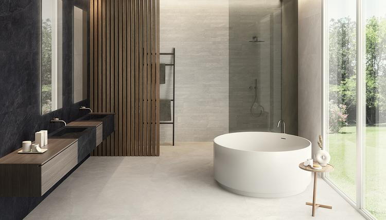 Cornerstone | Emilceramica Porcelain Stoneware Ergon Cornerstone Stone,concrete,marble,resin Bathroom Slate Black ,slate White ,slate White Stone Gallery Image | Emilceramica