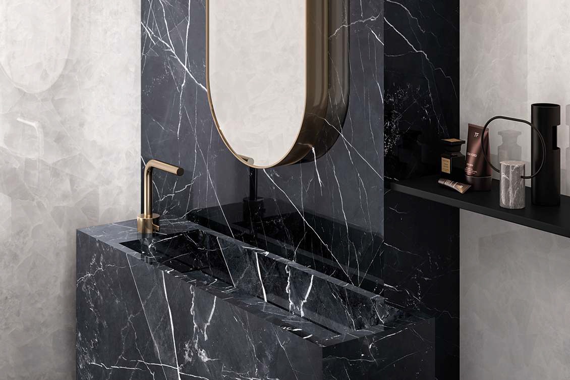 Black marble effect bathroom tiles is the unconventional choice that